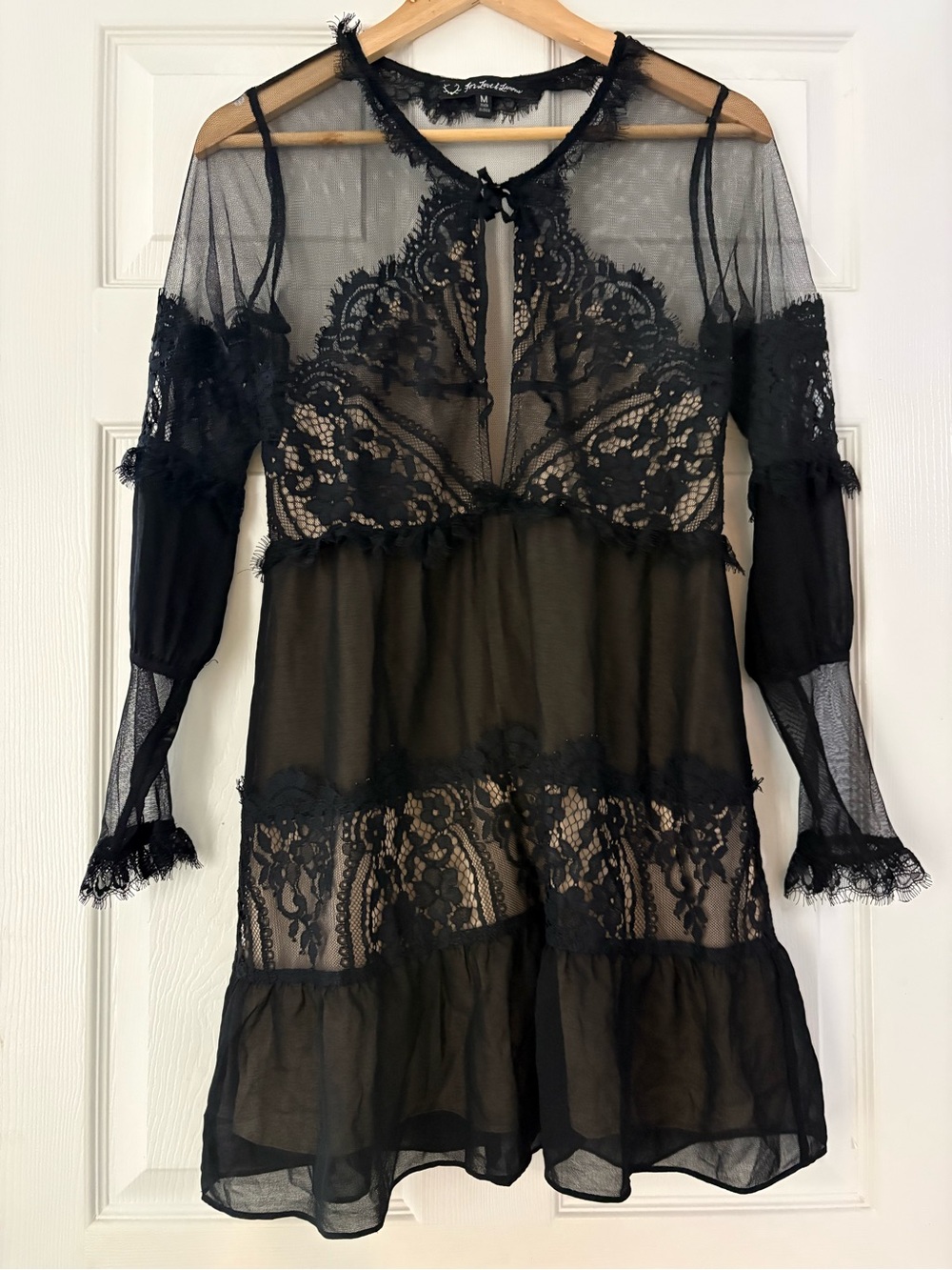For Love & Lemons Black Sheer Lace Tiered Long-Sleeve Dress